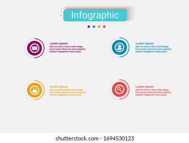 La infografía del negocio de diseño vectorial utiliza conceptos de plantilla de círculo creativo infografía con 4 opciones. Se puede utilizar para diseño, flujos de trabajo, diagramas, opciones de procesos empresariales, banners, diseño web.