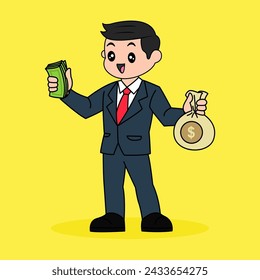 Diseño vectorial de hombre de negocios sosteniendo bolsa de dinero. Niños Ilustración