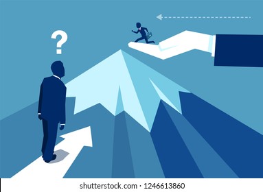 Vector design of businessman with question mark looking at opponent reaching mountain top with authority help