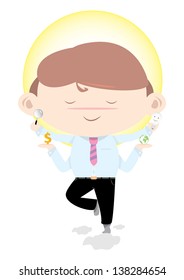 Vector design businessman stand on cloud. Sage businessman has many hand, ea hand holding item such as money icon, planet, light bulb, magnifying glass. Aura light is behind head, smile face.