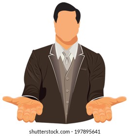 Vector design of businessman in suit with his open hand over isolated on white background in EPS10.