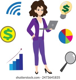 Vector design of businesswoman working with computer with company icons, entrepreneur, having good ideas, smiling, secretary, worker, wearing elegant suit, formal, finance, with curly hair