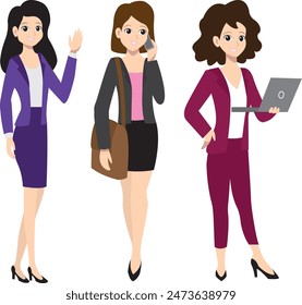 Vector design of businesswomen working with a computer, greeting, talking on the phone, manager, walking, entrepreneur, smiling, secretaries, stewardesses, company workers, greeting