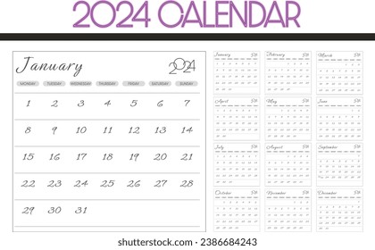 Vector design of calendar for 2024 