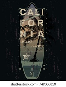 Vektordesign. California Surf Typografie für T-Shirt-Druck, geometrische Elemente für Stoff, Textilien. Vektorgrafik, Design-Grafik-Mode-Tragen.