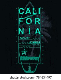 Vector design. California Surf typography for T-shirt print, geometric elements for fabric, textile. Vector illustration, design graphics fashion wearing.