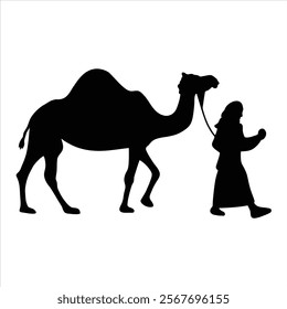 Vector design of a camel being carried by people, animal design of a camel being carried by people, black color and white background