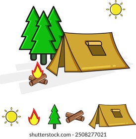 Vector design of campsite, tent, campfire, tree, eps 10, editable.