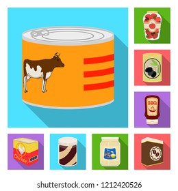 Vector design of can and food logo. Set of can and package vector icon for stock.