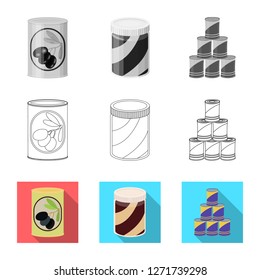 Vector design of can and food logo. Set of can and package stock symbol for web.