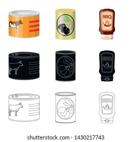 Vector design of can and food sign. Collection of can and package stock symbol for web.