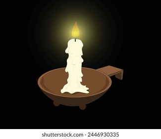 Diseño de Vector de una vela sobre un fondo negro con una llama ardiente por encima de ella colocado en un contenedor cóncavo medio redondo marrón con un mango