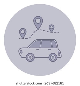 Vector design of car with location pins surrounding it, representing travel routes and navigation. Road trips or journey planning concept