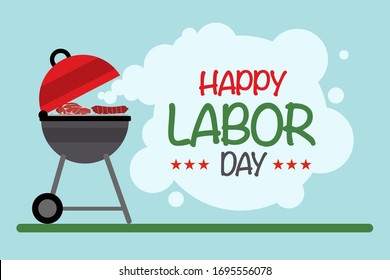 Vector Design Of Card With Barbecue Grill And Speech Bubble Saying Happy Labor Day On Blue Background