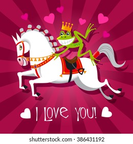 vector design of card "I love you" with cute Frog Prince on a white horse in cartoon style