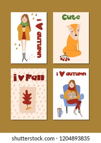 Vector design for card, poster, flyer, web, cover, tag, invitation, sticker kit. Hand drawn elements - girl with cup of coffee, woman with book, fall leaves, forest animals