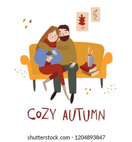 Vector design for card, poster, flyer, web, cover, tag, invitation, sticker kit. Hand drawn elements - couple on the sofa lovers cozy autumn