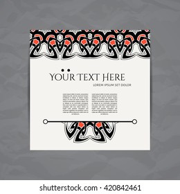 Vector design card template. Brochures in colorful style. Vintage frame or background. Business card with circle ornament. Mandala style.