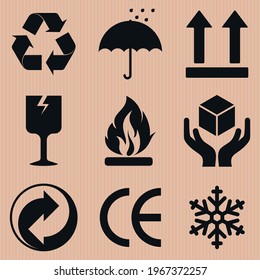 Diseño vectorial de los símbolos de empaquetado de cajas de cartón, diferentes tipos de iconos de cajas de cartón.