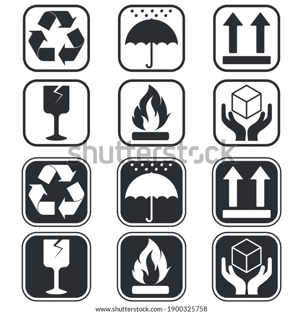 Vector design of Cardboard Box\
Packaging Symbols, two different styles, all on White\
background