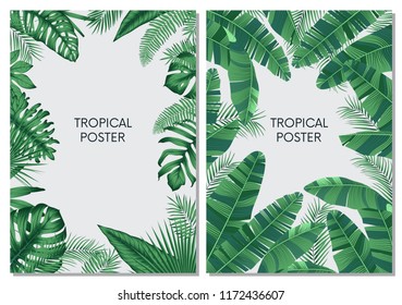 Vector design cards and banners with exotic leaves, tropical printable set