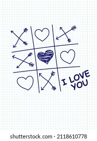 Vector design for cards, posters, flyers, stickers, covers for valentine's day. Tic-tac-toe game on a notebook sheet with hearts and arrows.