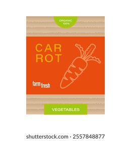 Vector design of carrot packaging with caption . Orange background, carrot outline, natural style suitable for farm products and marketing.