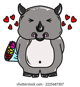 Vector design of a cartoon buffalo in love holding a flower suitable for logos, stickers and others