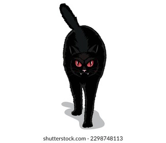 vector design of a cartoon caricature illustration of a cat with a scary look in black with its tail up and also its two bright red eyes walking forward