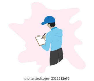 vector design a cartoon caricature illustration of an officer wearing a blue shirt and black pants with a blue hat taking notes on a note pad in his left hand