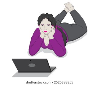 vector design cartoon illustration of a beautiful woman in a purple shirt and black pants lying down while watching the laptop in front of her