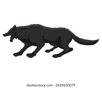 vector design, cartoon illustration of a black wolf animal seen from the side, full body with red eyes