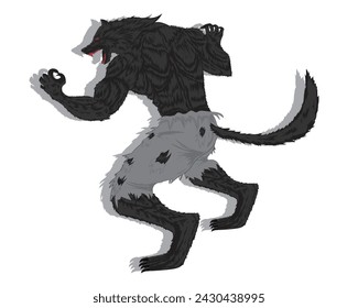 vector design, a cartoon illustration of a black hybrid werewolf with a stocky body and sharp fangs and nails on his feet and hands, red eyes, with a torn and tattered tail and trousers