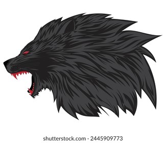 vector design, cartoon illustration of a black lion head with sharp, red eyes and teeth and appearing to be opening its mouth while roaring