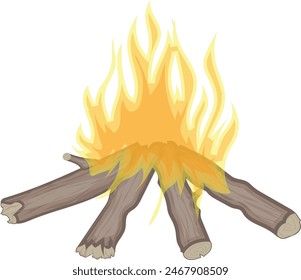 Vector design of a cartoon illustration of a burning campfire with several pieces of wood