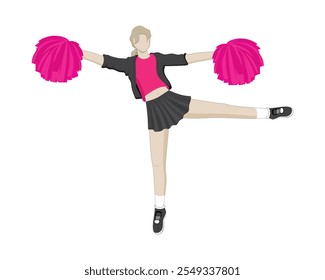 vector design cartoon illustration of a cheerleader girl doing a pose or movement with her legs and arms while holding two pink fluffy flowers