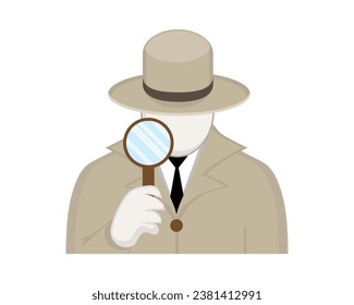 vector design cartoon illustration of a detective wearing a gray brown hat and jacket and a round hat holding a magnifying glass looking or looking for something