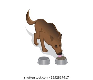 vector design cartoon illustration of a dog eating food from a round food container made of iron and there is a container for drinking next to it