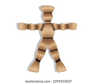 vector design cartoon illustration of a doll in the shape of a human with head, arms, body and legs made of brownish-yellow aged grass or reeds commonly used as a tool for voodoo magic