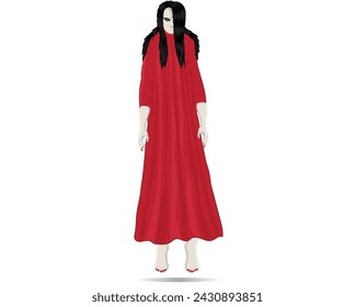 ilustración de dibujos animados de diseño vectorial de un fantasma femenino en un vestido rojo largo con pelo negro largo que generalmente se refiere como un kuntilanak en las leyendas urbanas de una zona determinada