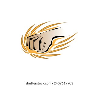 vector design cartoon illustration of a fist that is hitting towards the front with a wind effect shaped like fire around the fist