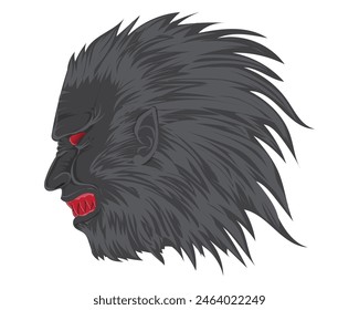 Vektorgrafik Design einer Cartoon-Illustration des Kopfes eines schwarzen Werwolfmannes mit roten Augen und Zähnen, die wütend und seine Haare unordentlich aussehen