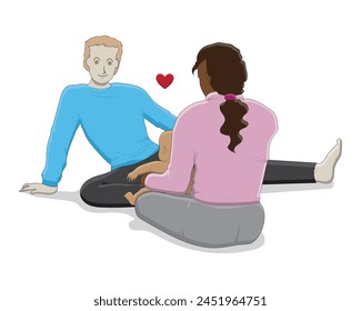 vector design cartoon illustration of an interracial family consisting of a father in a light blue shirt and a mother in a pink shirt and a baby in the mother's arms sitting and enjoying family togeth