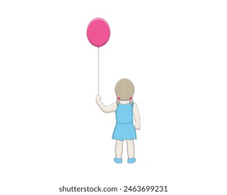 vector design, a cartoon illustration of a little girl in a blue shirt standing while holding a small red balloon in her left hand