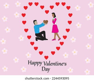 vector design of a cartoon illustration of a man sitting squatting while giving a gift of chocolate in the shape of a heart to his beloved woman with some additional effects around her arranged in suc