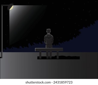 ilustración de dibujos animados de diseño vectorial de un hombre sentado en un banco en un parque en una noche oscura y negra con un cielo estrellado e iluminado por luces de su lado izquierdo