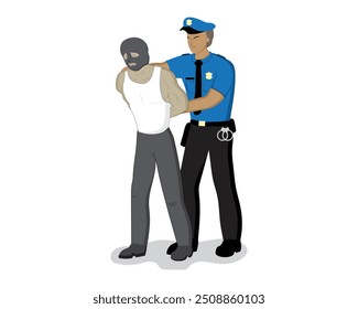 Ilustración de dibujos animados de diseño de Vector de un oficial de policía con una camisa azul que está arrestando a un criminal que lleva una máscara con las manos atadas a la espalda