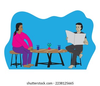 vector design a cartoon vector illustration of two married couple sitting enjoying a cold drink and their husband reading a newspaper