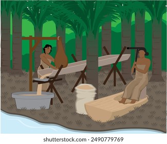 vector design, cartoon illustration of two women sitting under a sago tree and poking the trunk of a sago tree to extract the juice to make flour which is filtered using a special tool