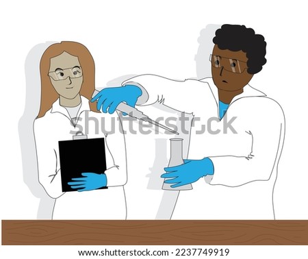 vector design a cartoon vector illustration of two male and female scientists wearing white shirts doing an experiment with bottles or glasses in their hands